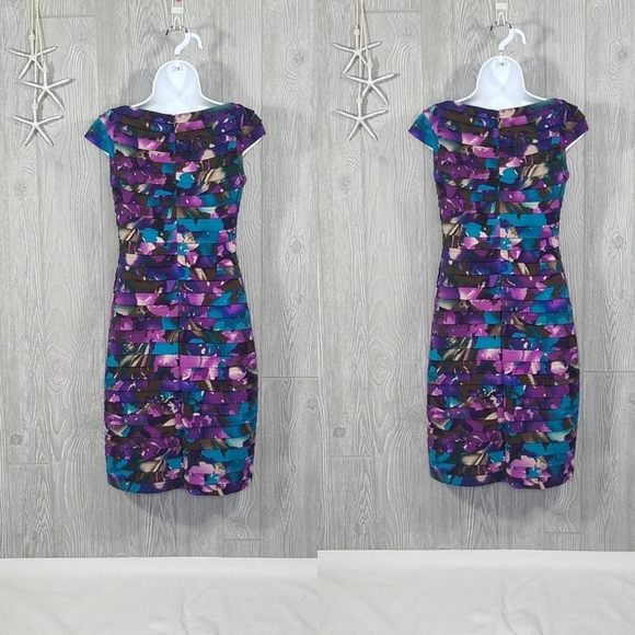 Adrianna Papell Dress Size 4 Multi Color Tiered Pleated Floral Sheath Cocktail - Picture 2 of 9